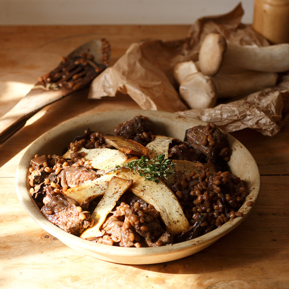 Venison & Pearl Barley Stew w/ Apples & Wild Mushrooms
