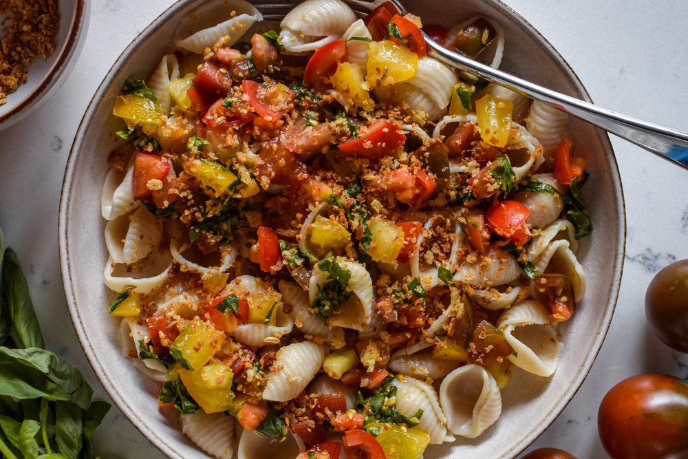 Marinated Tomato Pasta with Crunchy Garlic Breadcrumbs