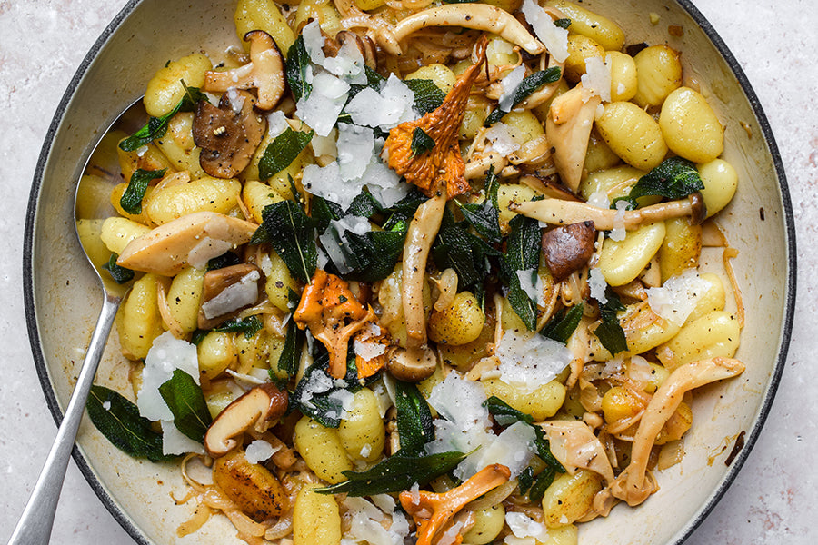 Gnocchi with sautéed mushrooms and herbs in a light sauce in a pasta bowl.