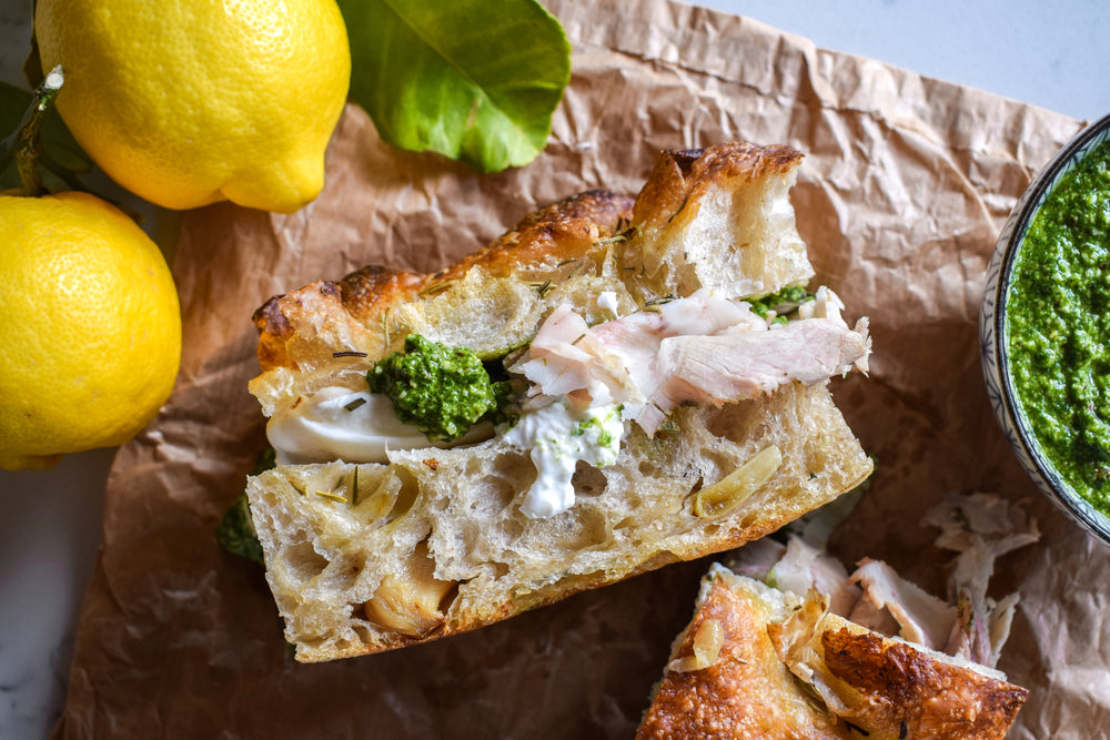 Roasted Garlic, Burrata, Porketta, Rocket Pesto Sandwich