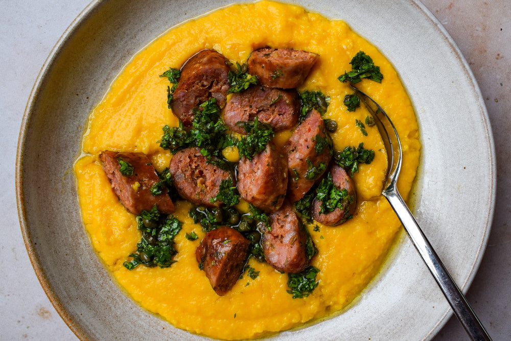 Pumpkin Polenta with Italian Sausages & Herby Sauce