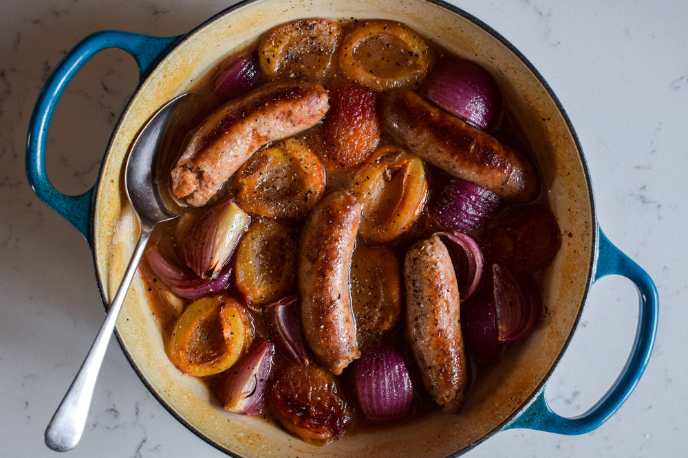 Sticky Baked Sausages with Red Onion & Plums