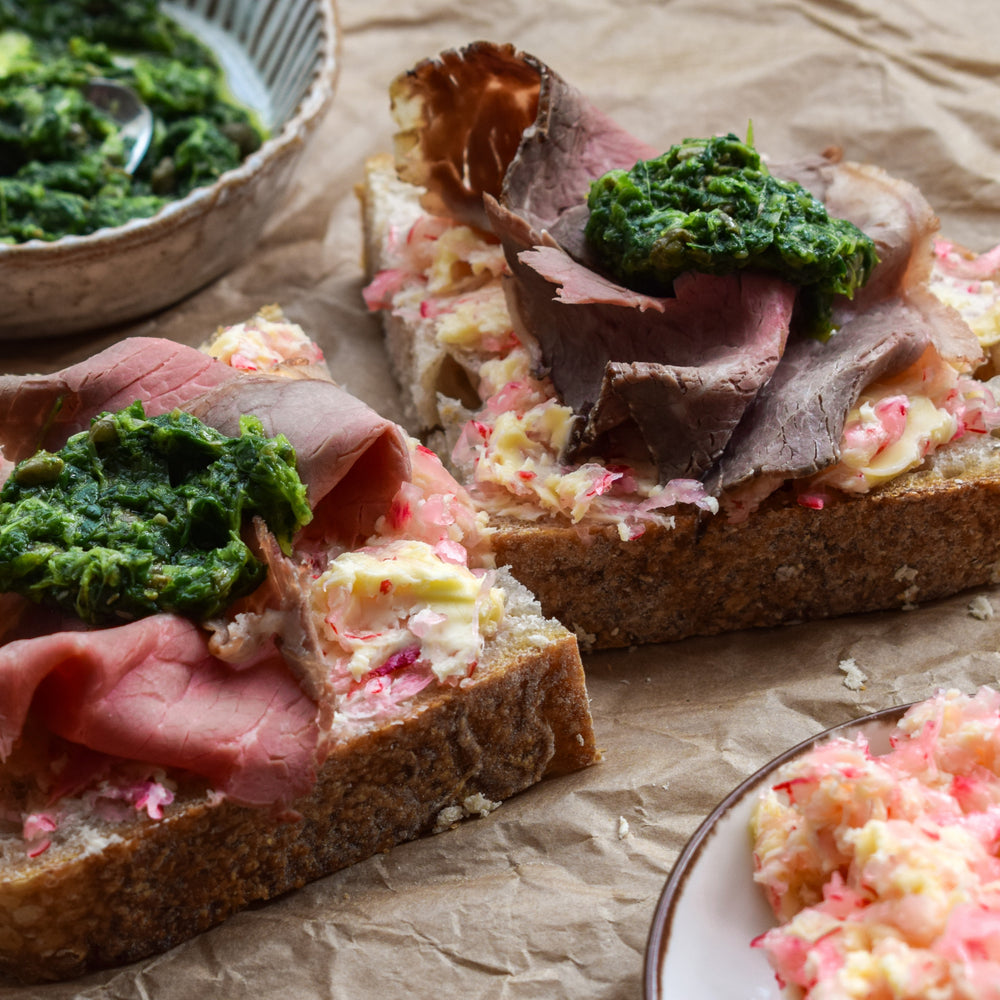 Radish Butter & Roast Beef Open Sandwiches with Radish Top Salsa Verde