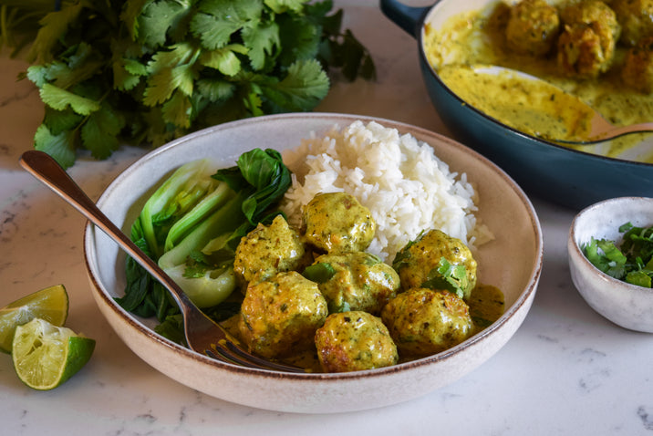 Ginger Pork Meatballs with Green Curry Coconut Sauce